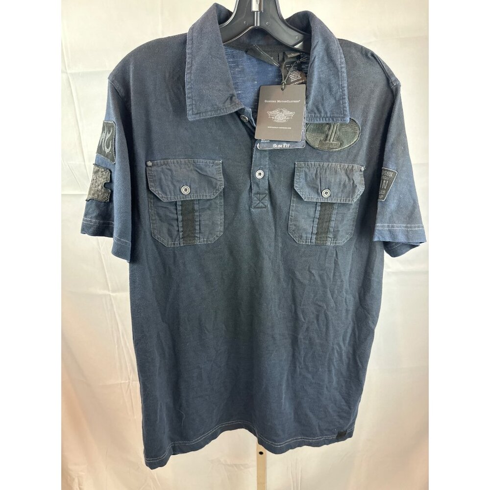 Harley-Davidson Mens Slim Fit Blue Polo Shirt With Patches L NWT 100% Cotton Cas